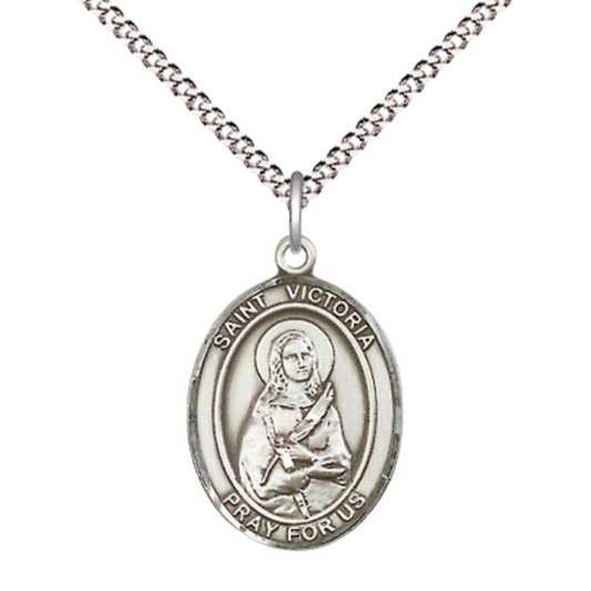 Everlasting Light Jewelry Medium Women's Pewter Saint St. Victoria Pendant Necklace on 18- inch Rhodium- Plated Lite Curb Brass Chain – Catholic Religious Medal – Velvet Gift Box Included
