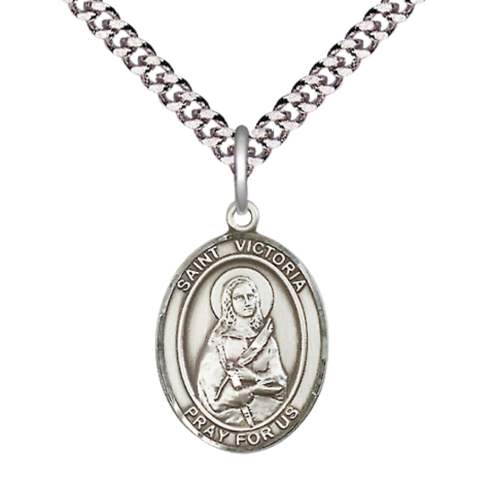 Mens Medium Oval Pewter Saint St. Victoria Medal Pendant on 24 Inch Rhodium Plated Heavy Curb Brass Chain with Lobster Claw Clasp, Catholic Religious Necklace - Made in USA- Deluxe Velvet Gift Box