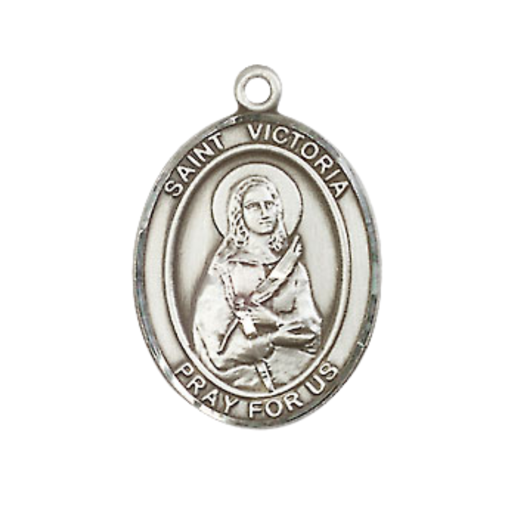 Medium Men's .925 Sterling Silver Saint St. Victoria Medal Pendant on 24 Inch Endless Rhodium Plated Heavy Curb Brass Chain, Catholic Religious Necklace - Made in USA- Deluxe Velvet Gift Box