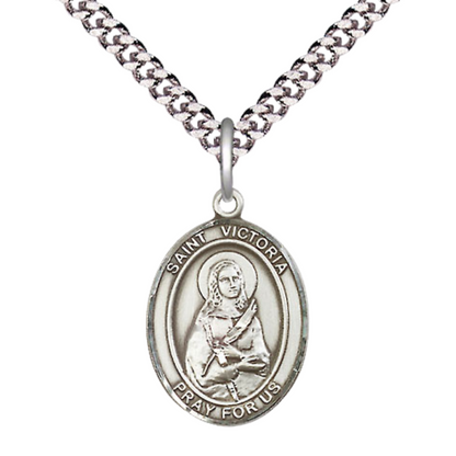 Everlasting Light Jewelry Medium Men's Pewter Saint St.Victoria Medal Pendant on 24 Inch Endless Rhodium Plated Heavy Curb Brass Chain, Catholic Religious Necklace -Made in USA- Deluxe Velvet Gift Box