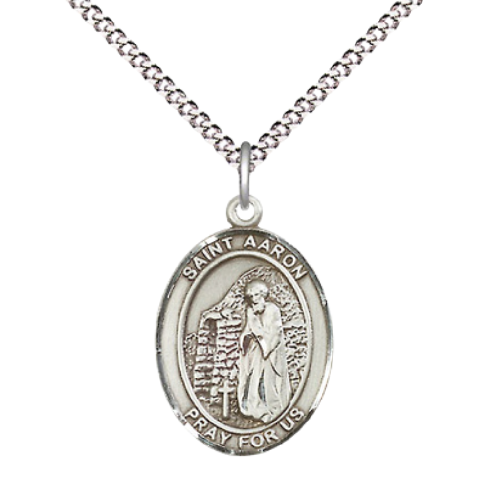Everlasting Light Jewelry Medium Women's .925 Sterling Silver Saint St. Aaron Pendant Necklace on 18- inch Rhodium Plated Lite Curb Brass Chain – Catholic Religious Saint St. Aaron Medal – Velvet Gift Box Included