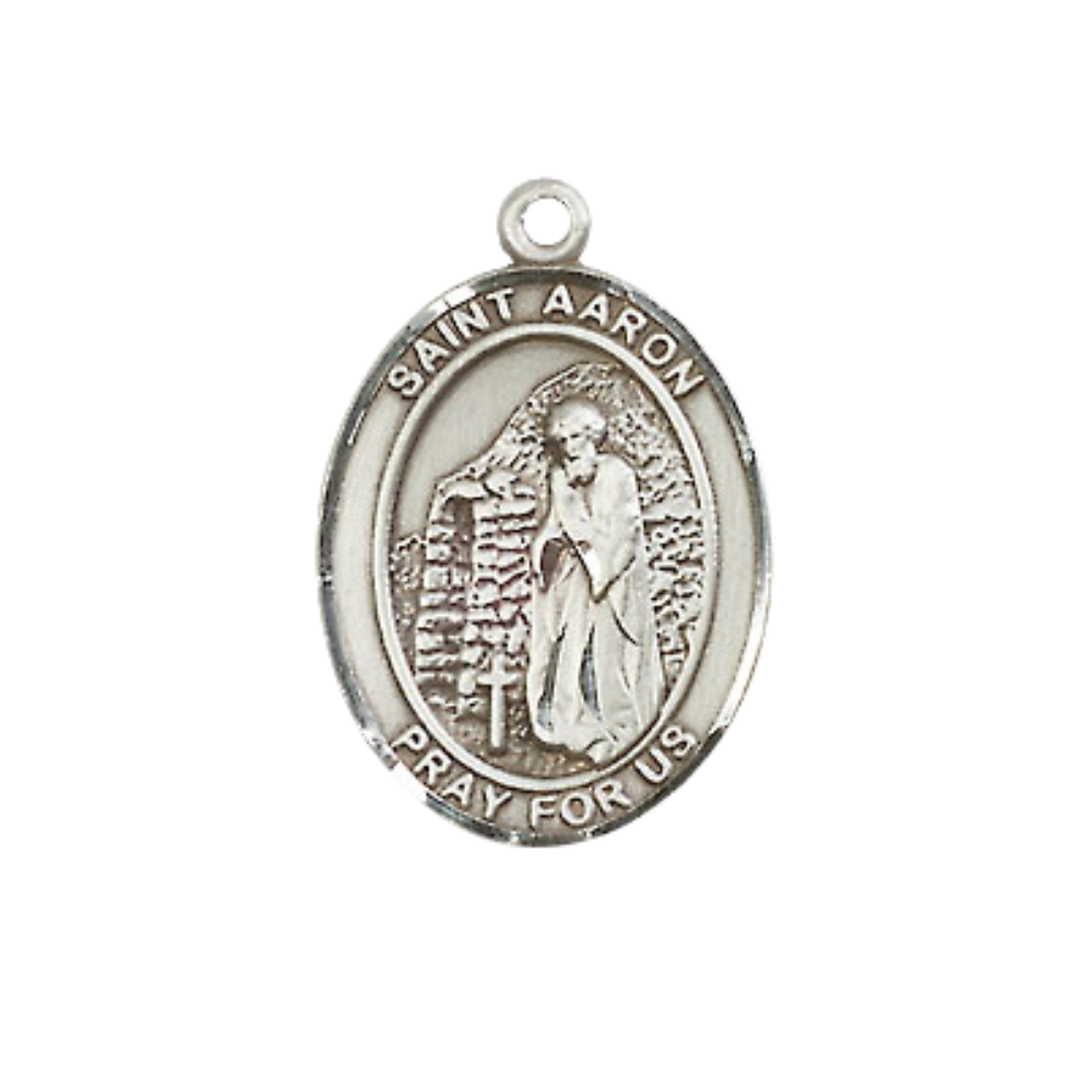 Medium Men's .925 Sterling Silver Saint St. Aaron Medal Pendant on 24 Inch Endless Rhodium Plated Heavy Curb Brass Chain, Catholic Religious Necklace - Made in USA- Deluxe Velvet Gift Box