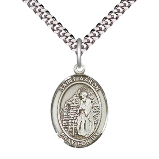 Medium Men's .925 Sterling Silver Saint St. Aaron Medal Pendant on 24 Inch Endless Rhodium Plated Heavy Curb Brass Chain, Catholic Religious Necklace - Made in USA- Deluxe Velvet Gift Box