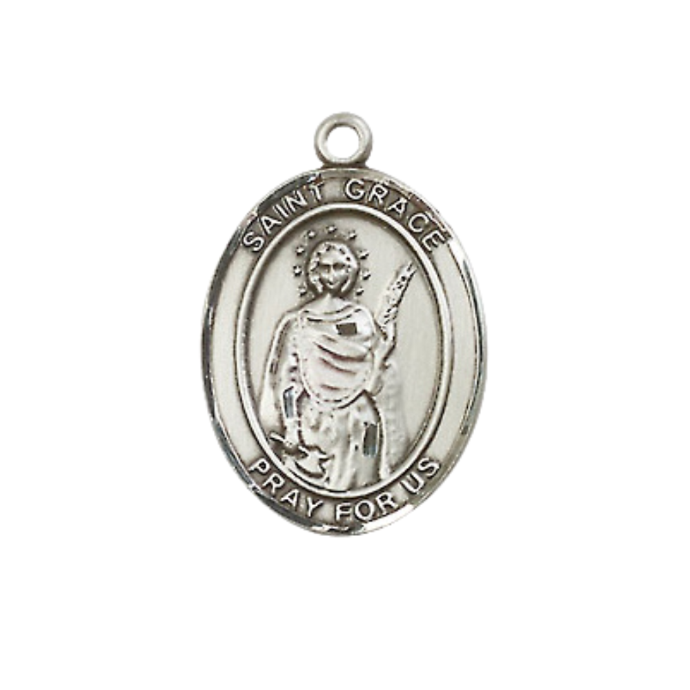Everlasting Light Jewelry Medium Women's Sterling Silver Saint Grace Pendant Necklace on 18-inch Rhodium Plated Lite Curb Brass Chain – Saint Grace Medal – Velvet Gift Box Included