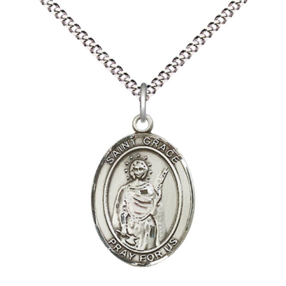 Everlasting Light Jewelry Medium Women's Pewter Saint St. Grace Pendant Necklace on 18- inch Rhodium- Plated Lite Curb Brass Chain – Catholic Religious Medal – Velvet Gift Box Included