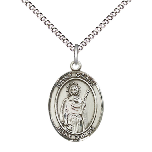 Everlasting Light Jewelry Medium Women's Pewter Saint St. Grace Pendant Necklace on 18- inch Rhodium- Plated Lite Curb Brass Chain – Catholic Religious Medal – Velvet Gift Box Included
