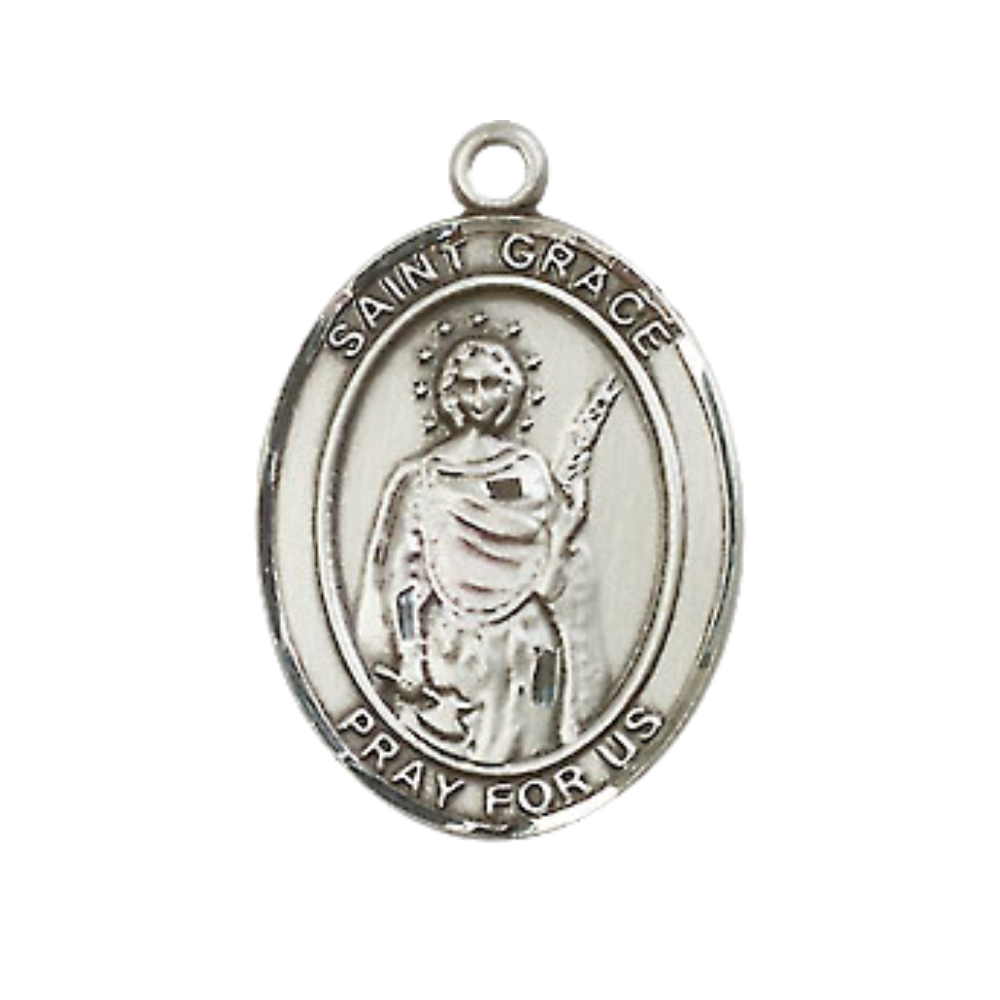 Mens Medium Oval Pewter Saint St. Grace Medal Pendant on 24 Inch Rhodium Plated Heavy Curb Brass Chain with Lobster Claw Clasp, Catholic Religious Necklace - Made in USA- Deluxe Velvet Gift Box