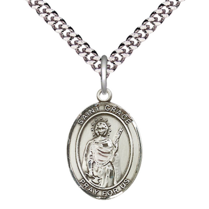 Medium Men's .925 Sterling Silver Saint St. Grace Medal Pendant on 24 Inch Endless Rhodium Plated Heavy Curb Brass Chain, Catholic Religious Necklace - Made in USA- Deluxe Velvet Gift Box