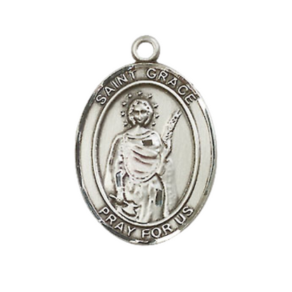 Medium Men's .925 Sterling Silver Saint St. Grace Medal Pendant on 24 Inch Endless Rhodium Plated Heavy Curb Brass Chain, Catholic Religious Necklace - Made in USA- Deluxe Velvet Gift Box