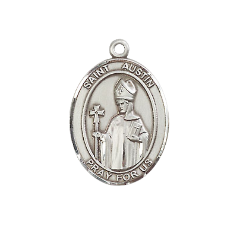 Everlasting Light Jewelry Medium Women's .925 Sterling Silver Saint St. Austin Pendant Necklace on 18- inch Rhodium Plated Lite Curb Brass Chain – Saint St. Austin Medal, Catholic Medal – Velvet Gift Box Included