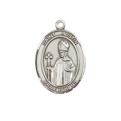 Everlasting Light Jewelry Medium Women's Pewter Saint St. Austin Pendant Necklace on 18- inch Rhodium- Plated Lite Curb Brass Chain – Catholic Religious Medal – Velvet Gift Box Included