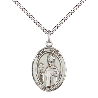 Everlasting Light Jewelry Medium Women's .925 Sterling Silver Saint St. Austin Pendant Necklace on 18- inch Rhodium Plated Lite Curb Brass Chain – Saint St. Austin Medal, Catholic Medal – Velvet Gift Box Included