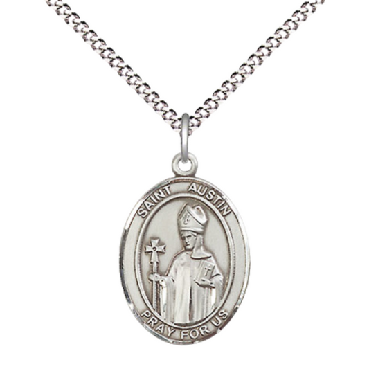 Everlasting Light Jewelry Medium Women's .925 Sterling Silver Saint St. Austin Pendant Necklace on 18- inch Rhodium Plated Lite Curb Brass Chain – Saint St. Austin Medal, Catholic Medal – Velvet Gift Box Included