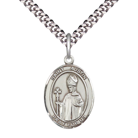 Everlasting Light Jewelry Medium Men's Pewter Saint St. Austin Medal Pendant on 24 Inch Endless Rhodium Plated Heavy Curb Brass Chain, Catholic Religious Necklace - Made in USA- Deluxe Velvet Gift Box