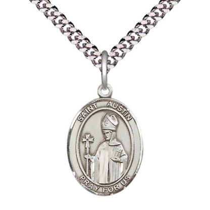 Medium Men's .925 Sterling Silver Saint St. Austin Medal Pendant on 24 Inch Endless Rhodium Plated Heavy Curb Brass Chain, Catholic Religious Necklace - Made in USA- Deluxe Velvet Gift Box