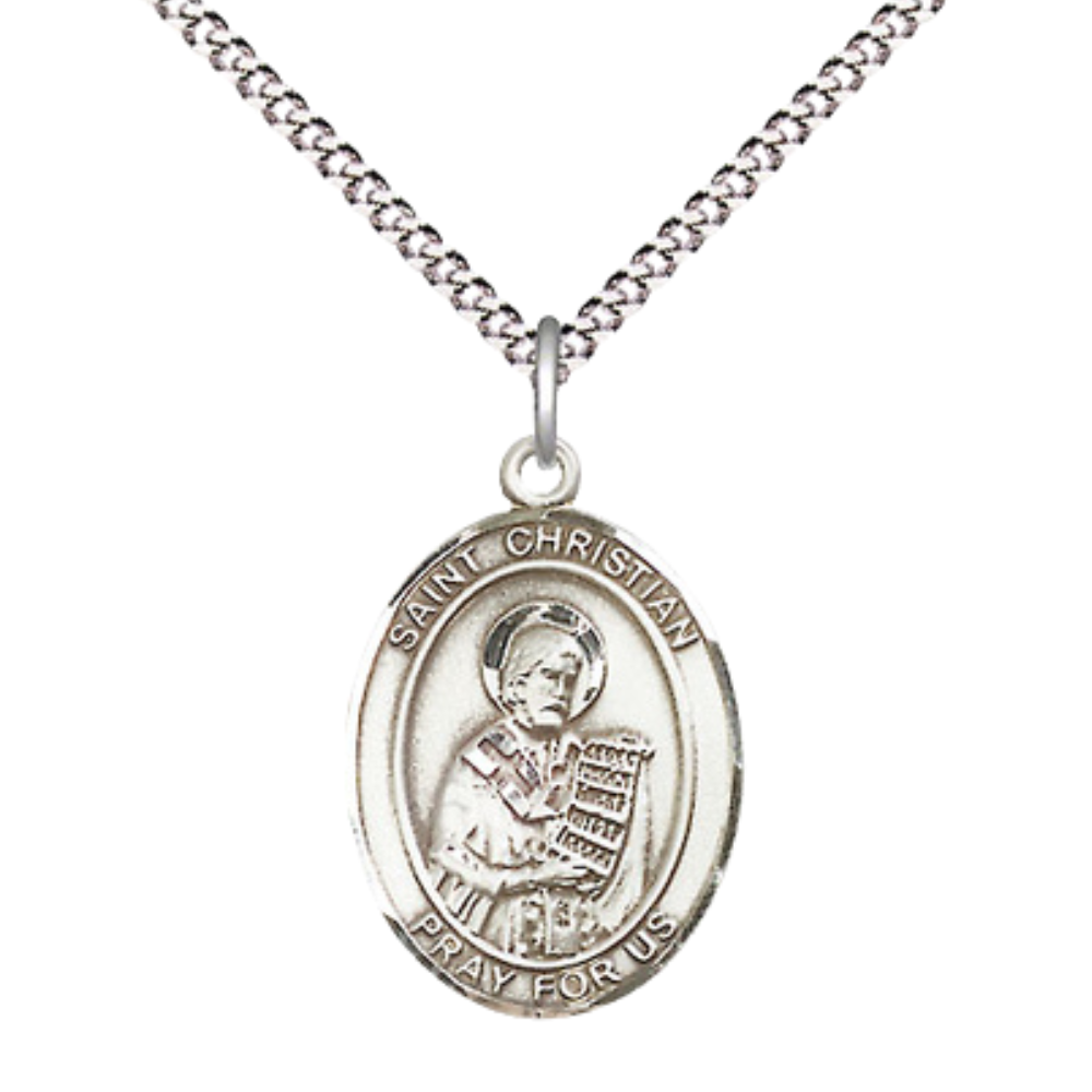 Medium Women's .925 Sterling Silver Saint St. Christian Demosthenes Pendant Necklace on 18- inch Rhodium Plated Lite Curb Brass Chain – Saint St. Christian Demosthenes Medal, Catholic Medal – Velvet Gift Box Included