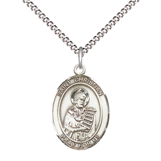 Medium Women's .925 Sterling Silver Saint St. Christian Demosthenes Pendant Necklace on 18- inch Rhodium Plated Lite Curb Brass Chain – Saint St. Christian Demosthenes Medal, Catholic Medal – Velvet Gift Box Included