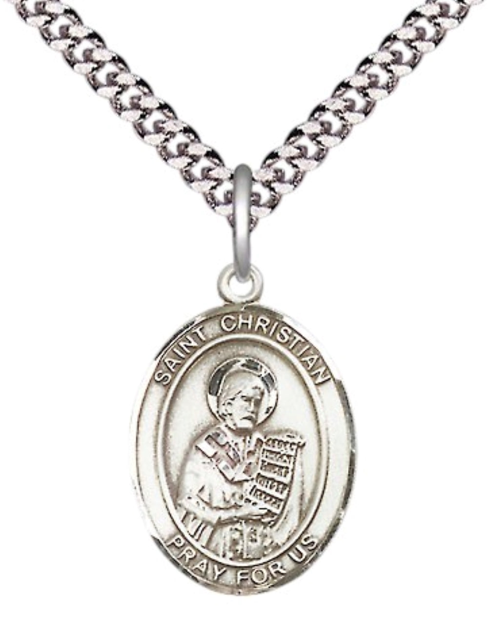 Medium Men's Pewter Saint St. Christian Demosthenes Medal Pendant on 24 Inch Endless Rhodium Plated Heavy Curb Brass Chain, Catholic Religious Necklace - Made in USA- Deluxe Velvet Gift Box