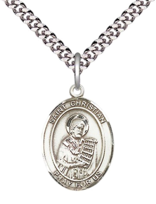 Medium Men's Pewter Saint St. Christian Demosthenes Medal Pendant on 24 Inch Endless Rhodium Plated Heavy Curb Brass Chain, Catholic Religious Necklace - Made in USA- Deluxe Velvet Gift Box