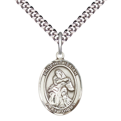 Everlasting Light Jewelry Medium Men's Pewter Saint St. Isaiah Medal Pendant on 24 Inch Endless Rhodium Plated Heavy Curb Brass Chain, Catholic Religious Necklace - Made in USA- Deluxe Velvet Gift Box