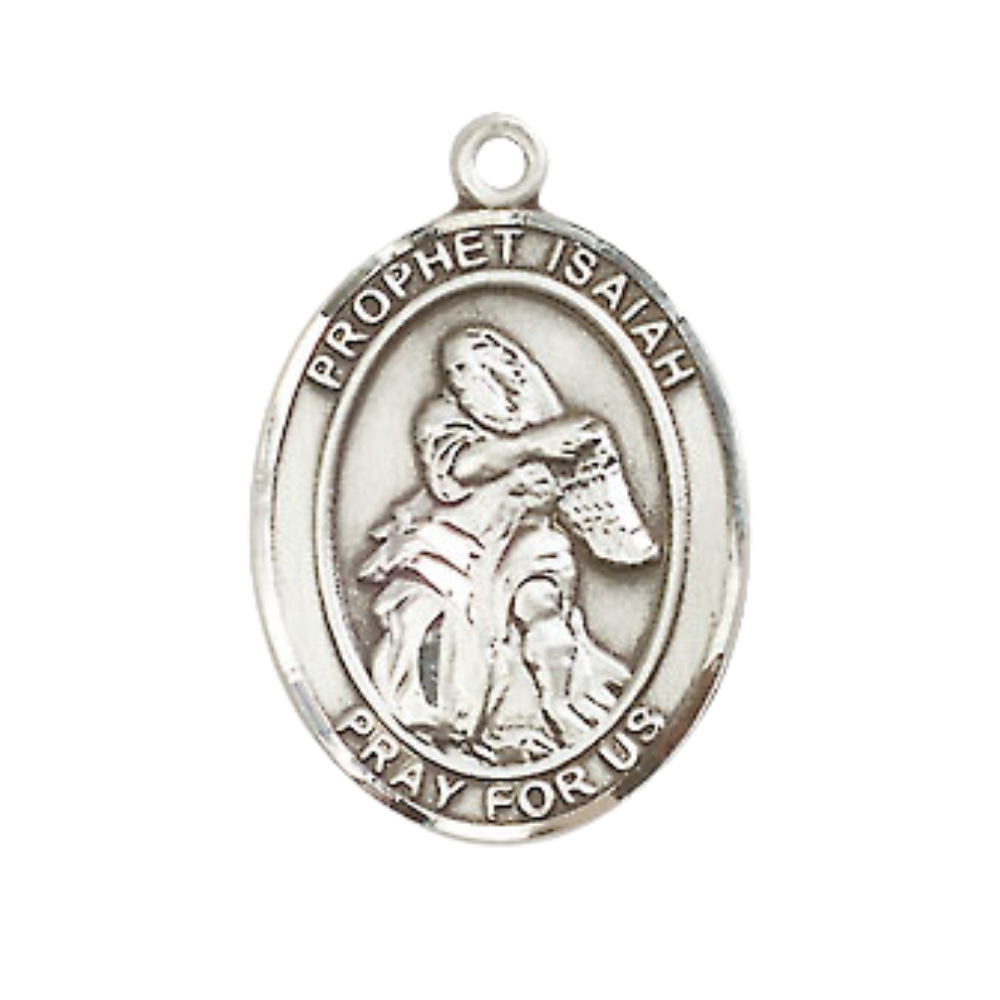 Medium Men's .925 Sterling Silver Saint Isaiah Medal Pendant on 24 Inch Endless Rhodium Plated Heavy Curb Brass Chain, Catholic Religious Necklace -Made in USA- Deluxe Velvet Gift Box