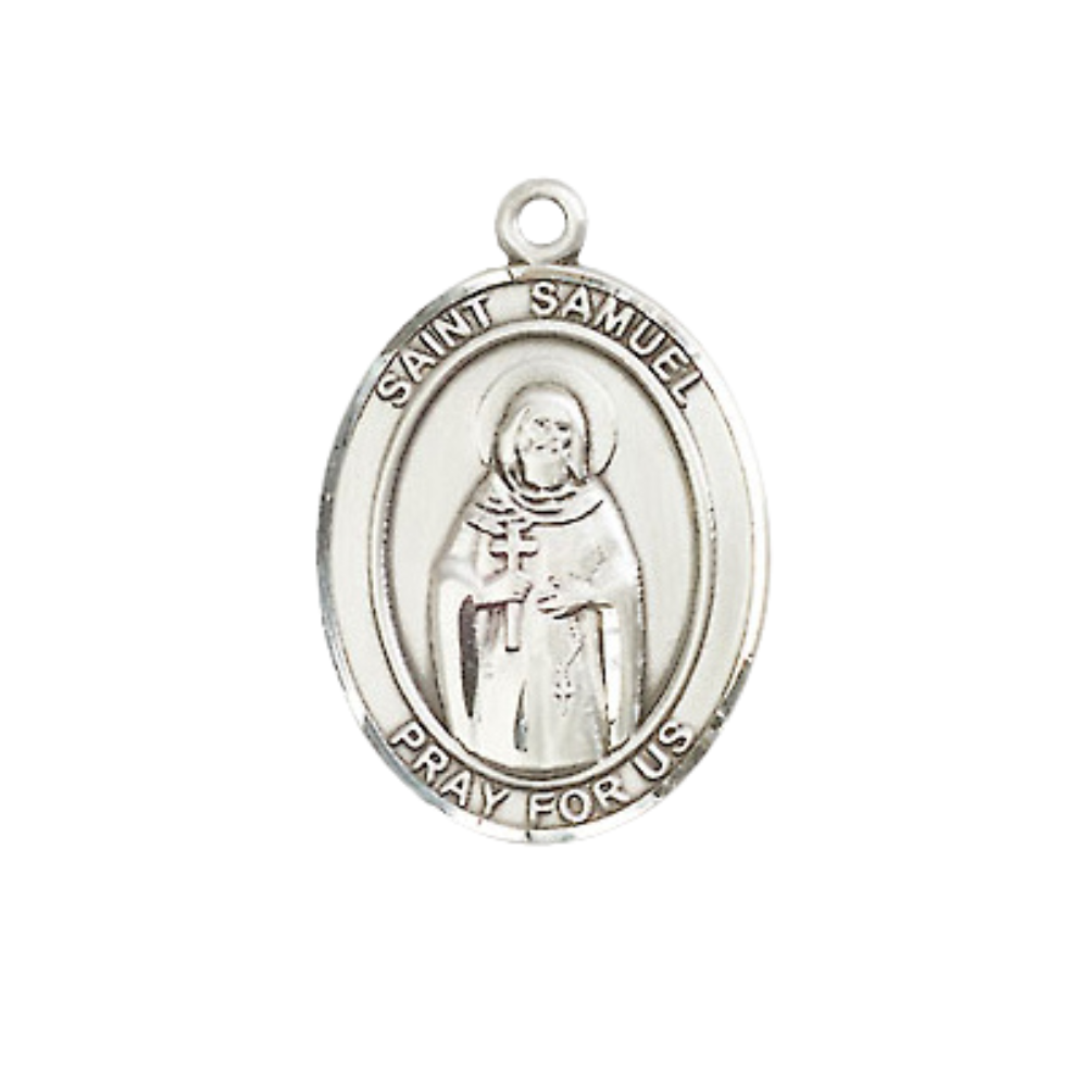 Everlasting Light Jewelry Medium Women's .925 Sterling Silver Saint St. Samuel Pendant Necklace on 18- inch Rhodium Plated Lite Curb Brass Chain – Saint St. Samuel Medal, Catholic Medal – Velvet Gift Box Included