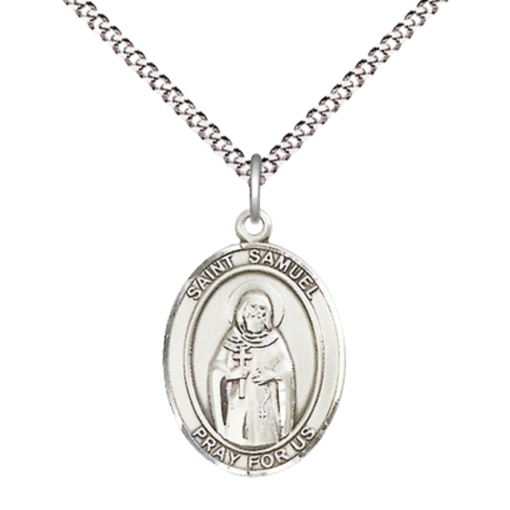 Everlasting Light Jewelry Medium Women's .925 Sterling Silver Saint St. Samuel Pendant Necklace on 18- inch Rhodium Plated Lite Curb Brass Chain – Saint St. Samuel Medal, Catholic Medal – Velvet Gift Box Included