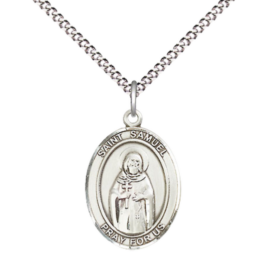 Everlasting Light Jewelry Medium Women's .925 Sterling Silver Saint St. Samuel Pendant Necklace on 18- inch Rhodium Plated Lite Curb Brass Chain – Saint St. Samuel Medal, Catholic Medal – Velvet Gift Box Included
