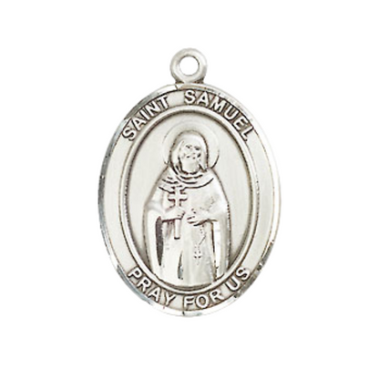 Medium Men's .925 Sterling Silver Saint St.Samuel Medal Pendant on 24 Inch Endless Rhodium Plated Heavy Curb Brass Chain, Catholic Religious Necklace -Made in USA- Deluxe Velvet Gift Box
