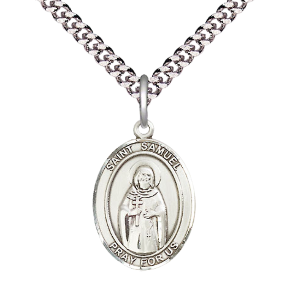 Mens Medium Oval .925 Sterling Silver Saint St. Samuel Medal Pendant on 24 Inch Rhodium Plated Heavy Curb Brass Chain w/ Lobster Claw Clasp, Catholic Religious Necklace - Made in USA- Velvet Gift Box