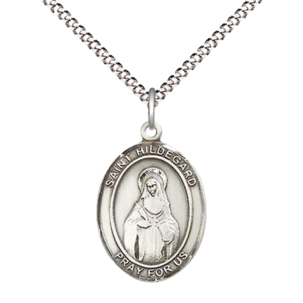 Everlasting Light Jewelry Medium Women's Pewter Saint Hildegard von Bingen Pendant Necklace on 18-inch Rhodium-Plated Lite Curb Brass Chain – Religious Medal – Velvet Gift Box Included