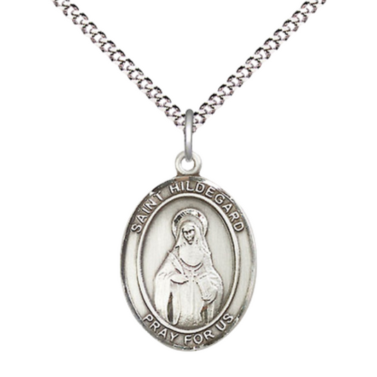 Everlasting Light Jewelry Medium Women's Pewter Saint Hildegard von Bingen Pendant Necklace on 18-inch Rhodium-Plated Lite Curb Brass Chain – Religious Medal – Velvet Gift Box Included