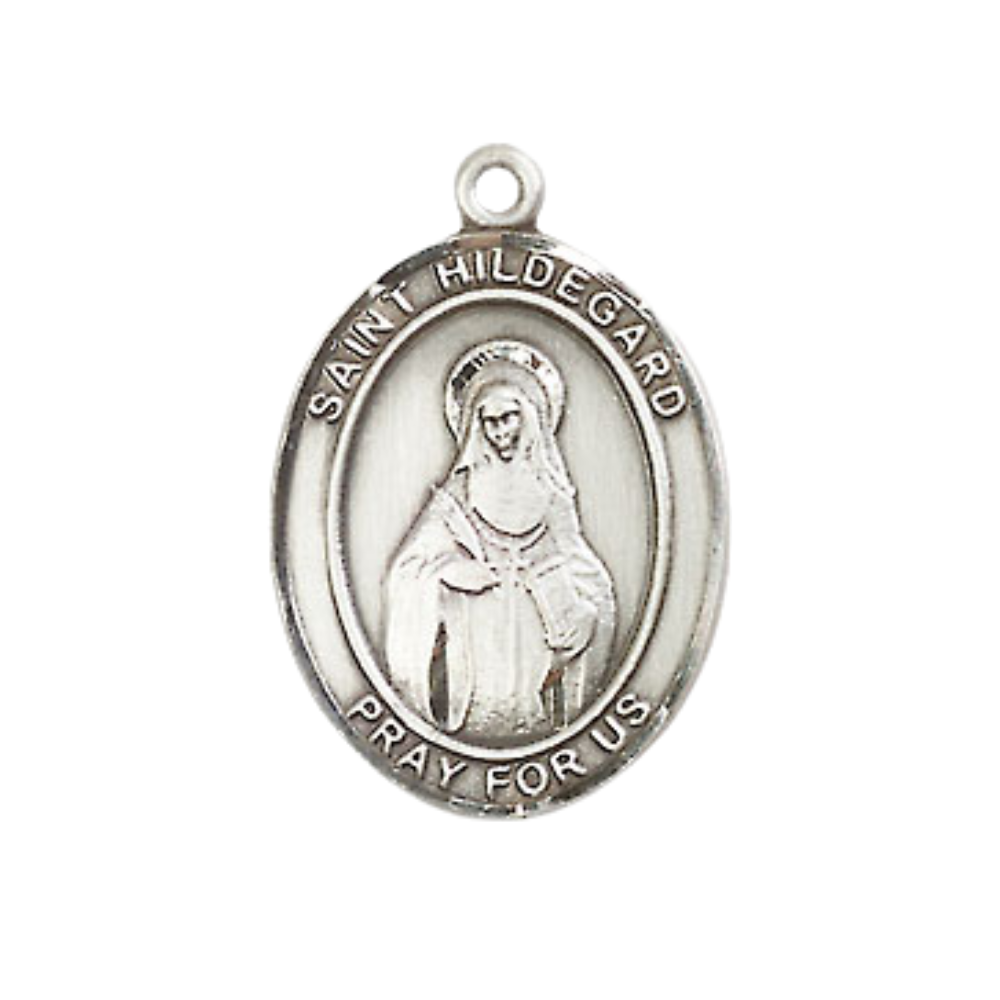Mens Medium Oval Pewter Saint St. Hildegard von Bingen Medal Pendant on 24 Inch Rhodium Plated Heavy Curb Brass Chain w/ Lobster Claw Clasp, Catholic Religious Necklace - Made in USA- Velvet Gift Box