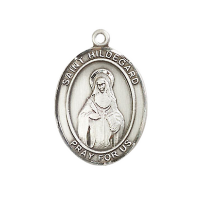 Mens Medium Oval Pewter Saint St. Hildegard von Bingen Medal Pendant on 24 Inch Rhodium Plated Heavy Curb Brass Chain w/ Lobster Claw Clasp, Catholic Religious Necklace - Made in USA- Velvet Gift Box
