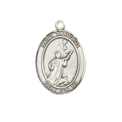 Everlasting Light Jewelry Medium Women's Pewter Saint Tarcisius Pendant Necklace on 18-inch Rhodium-Plated Lite Curb Brass Chain – Religious Medal – Velvet Gift Box Included