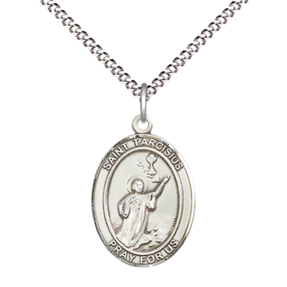 Everlasting Light Jewelry Medium Women's .925 Sterling Silver Saint St. Tarcisius Pendant Necklace on 18- inch Rhodium Plated Lite Curb Brass Chain – Saint St. Tarcisius Medal, Catholic Medal – Velvet Gift Box Included