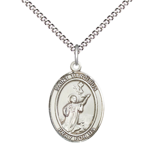 Everlasting Light Jewelry Medium Women's .925 Sterling Silver Saint St. Tarcisius Pendant Necklace on 18- inch Rhodium Plated Lite Curb Brass Chain – Saint St. Tarcisius Medal, Catholic Medal – Velvet Gift Box Included