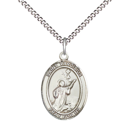 Everlasting Light Jewelry Medium Women's Pewter Saint Tarcisius Pendant Necklace on 18-inch Rhodium-Plated Lite Curb Brass Chain – Religious Medal – Velvet Gift Box Included