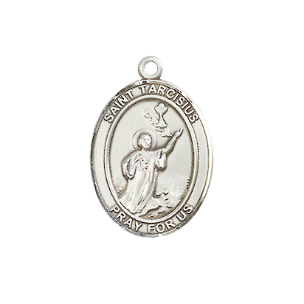 Everlasting Light Jewelry Medium Men's Pewter Saint St. Tarcisius Medal Pendant on 24 Inch Endless Rhodium Plated Heavy Curb Brass Chain, Catholic Religious Necklace - Made in USA- Deluxe Velvet Gift Box