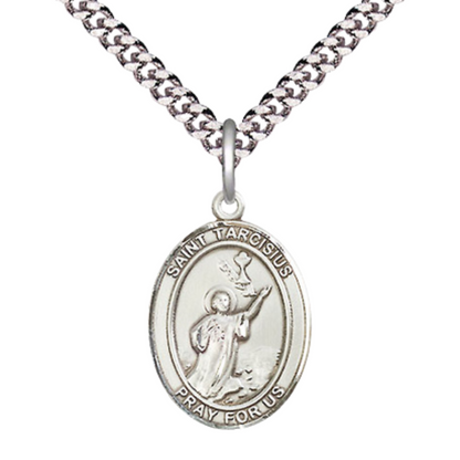 Everlasting Light Jewelry Medium Men's Pewter Saint St. Tarcisius Medal Pendant on 24 Inch Endless Rhodium Plated Heavy Curb Brass Chain, Catholic Religious Necklace - Made in USA- Deluxe Velvet Gift Box