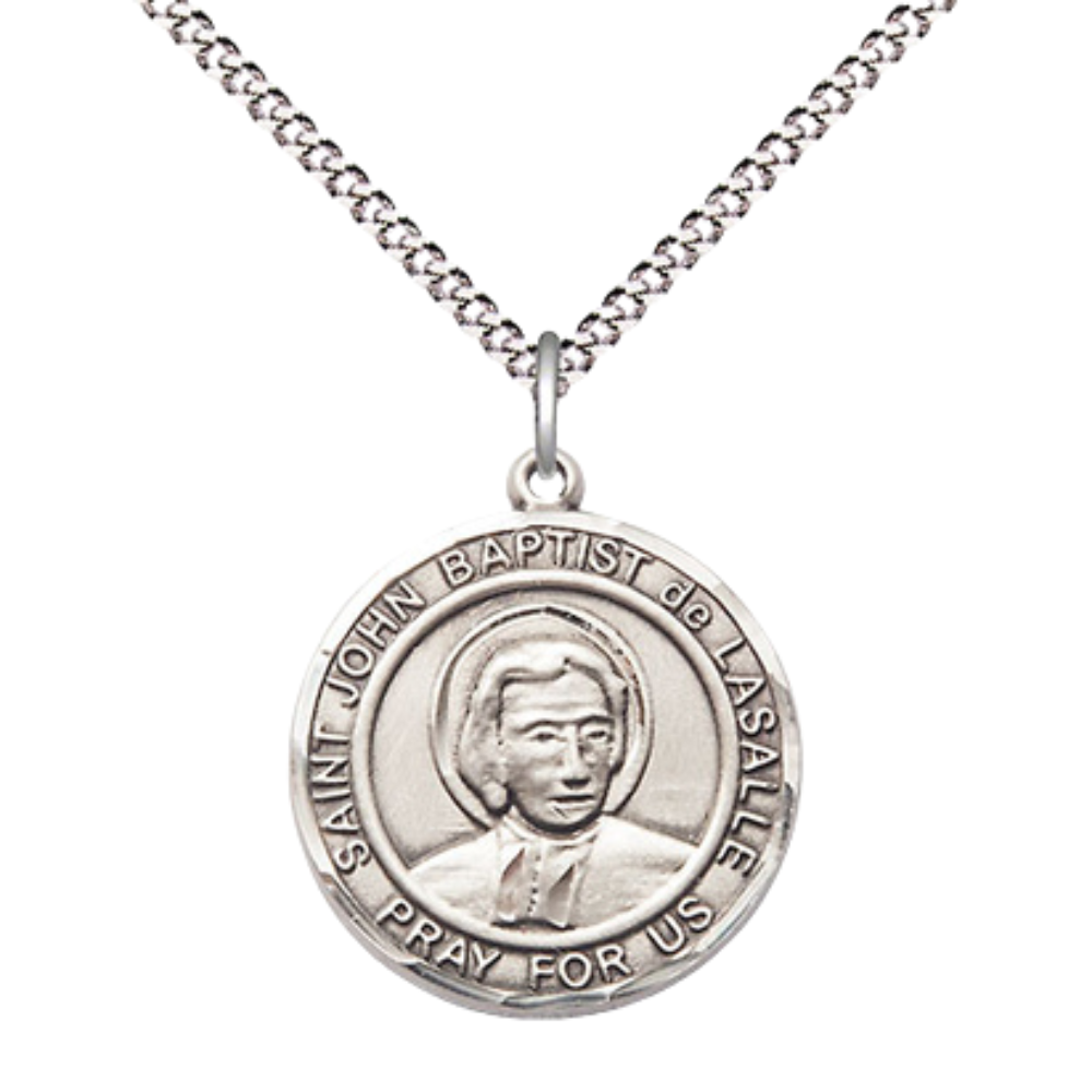 Everlasting Light Jewelry Medium Women's Pewter Saint St. John Baptist de la Salle Medal Pendant on 18 Inch Rhodium Plated Lite Curb Brass Chain w/Lobster Claw clasp, Made in USA, Catholic Medal - Deluxe Velvet Gift Box