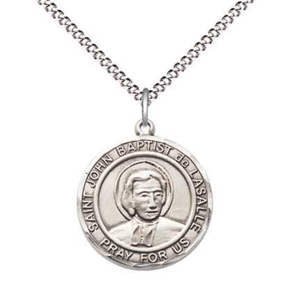 Everlasting Light Jewelry Medium Women's Pewter Saint St. John Baptist de la Salle Medal Pendant on 18 Inch Rhodium Plated Lite Curb Brass Chain w/Lobster Claw clasp, Made in USA, Catholic Medal - Deluxe Velvet Gift Box