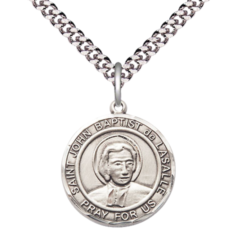 Medium Mens .925 Sterling Silver Saint St. John Baptist de la Salle Medal Pendant on 24 Inch Rhodium Plated Heavy Curb Brass Chain w/ Lobster Claw Clasp, Catholic Religious Necklace - Made in USA- Gift Boxed