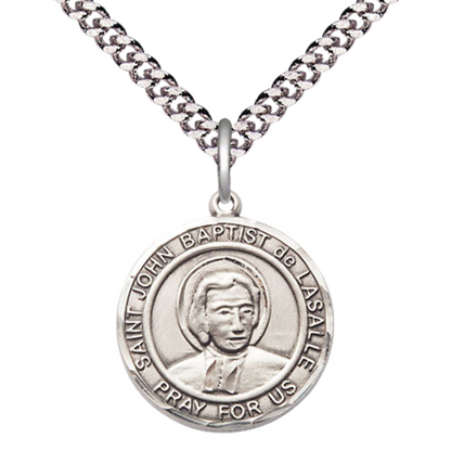 Medium Mens .925 Sterling Silver Saint St. John Baptist de la Salle Medal Pendant on 24 Inch Rhodium Plated Heavy Curb Brass Chain w/ Lobster Claw Clasp, Catholic Religious Necklace - Made in USA- Gift Boxed