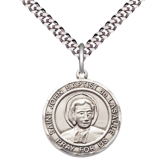 Medium Men's .925 Sterling Silver Saint St. John Baptist de la Salle Medal Pendant on 24 Inch Endless Rhodium Plated Heavy Curb Brass Chain, Catholic Religious Necklace - Made in USA- Deluxe Velvet Gift Box