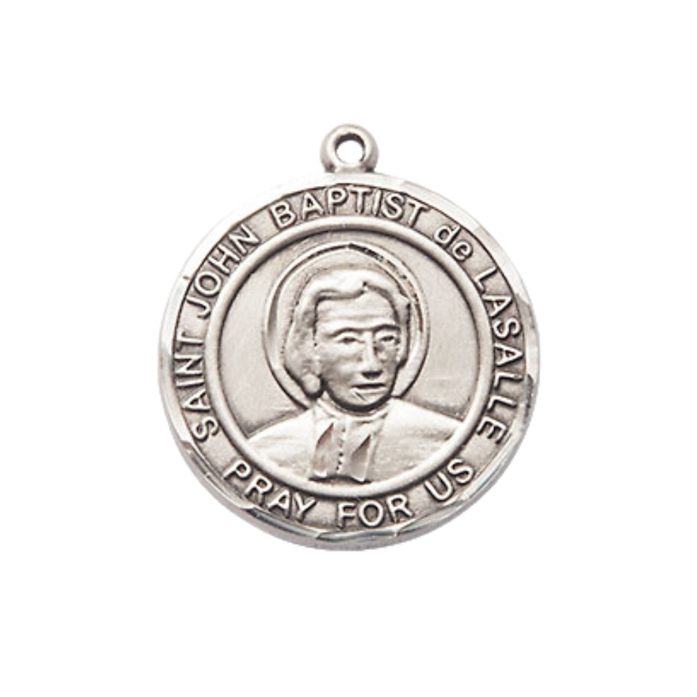 Medium Men's Pewter Saint St. John Baptist de la Salle Medal Pendant on 24 Inch Endless Rhodium Plated Heavy Curb Brass Chain, Catholic Religious Necklace - Made in USA- Deluxe Velvet Gift Box