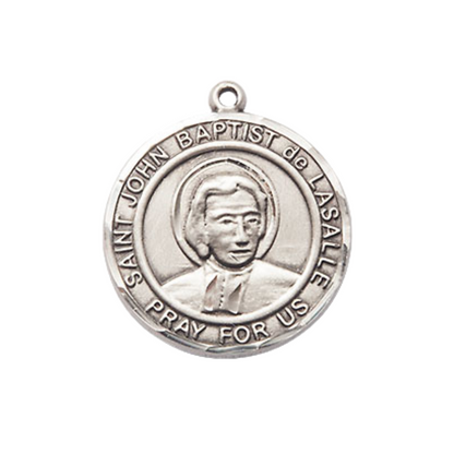 Medium Men's .925 Sterling Silver Saint St. John Baptist de la Salle Medal Pendant on 24 Inch Endless Rhodium Plated Heavy Curb Brass Chain, Catholic Religious Necklace - Made in USA- Deluxe Velvet Gift Box