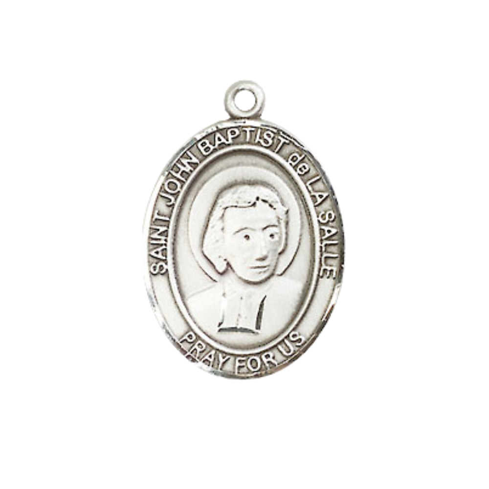Medium Women's Pewter Saint St. John Baptist de la Salle Pendant Necklace on 18- inch Rhodium- Plated Lite Curb Brass Chain – Catholic Religious Medal for Educators & Teachers – Velvet Gift Box Included