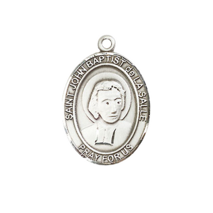 Medium Women's Sterling Silver Saint John Baptist de la Salle Pendant Necklace on 18-inch Rhodium Plated Lite Curb Brass Chain – Patron Saint of Educators/Teachers – Velvet Gift Box Included