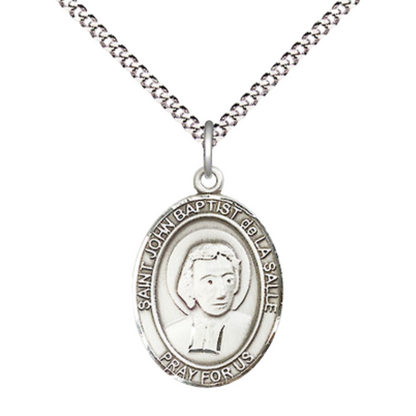 Medium Women's Sterling Silver Saint John Baptist de la Salle Pendant Necklace on 18-inch Rhodium Plated Lite Curb Brass Chain – Patron Saint of Educators/Teachers – Velvet Gift Box Included
